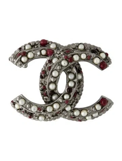 Pre-owned Chanel Faux Pearl & Resin Cc Brooch In Multi