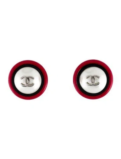 Pre-owned Chanel Faux Pearl & Resin Cc Clip-on Earrings In Red