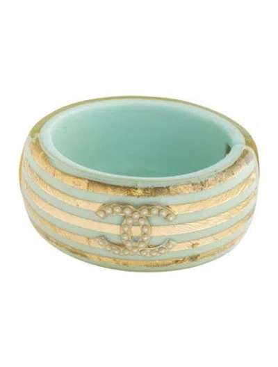 Pre-owned Chanel Faux Pearl & Resin Stripe Cc Cuff Bracelet, 6.5" In Multi