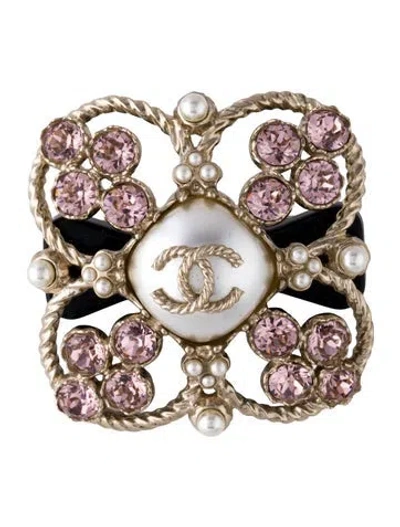 Pre-owned Chanel Faux Pearl & Strass Cc Bow Brooch In Multi
