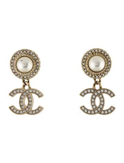 Pre-owned Chanel Faux Pearl & Strass Cc Drop Earrings In Multi