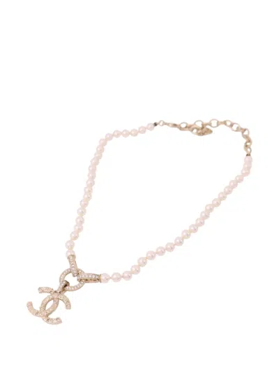 Pre-owned Chanel Faux Pearl And Strass Cc Necklace In Gold