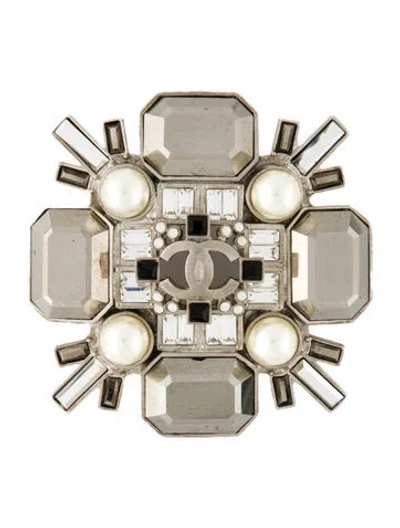 Pre-owned Chanel Faux Pearl & Strass Cc Pendant Brooch In Multi
