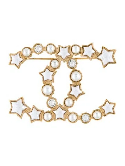 Pre-owned Chanel Faux Pearl & Strass Cc Star Brooch In Multi