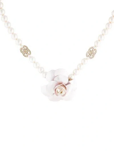 Pre-owned Chanel Faux Pearl & Strass Cc Station Choker Necklace, 16.5" In Pink/white