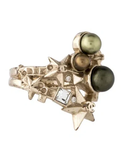 Pre-owned Chanel Faux Pearl & Strass Star Cocktail Ring In Clear/gold/green