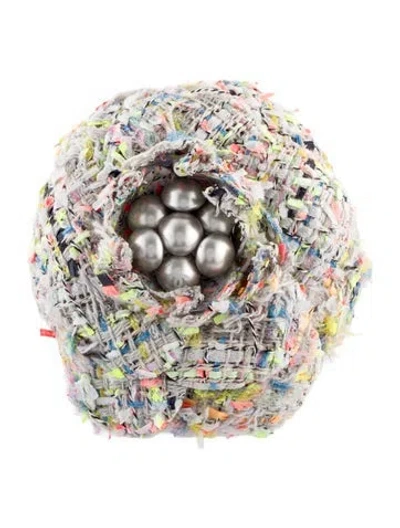 Pre-owned Chanel Faux Pearl & Tweed Camellia Brooch In Multi