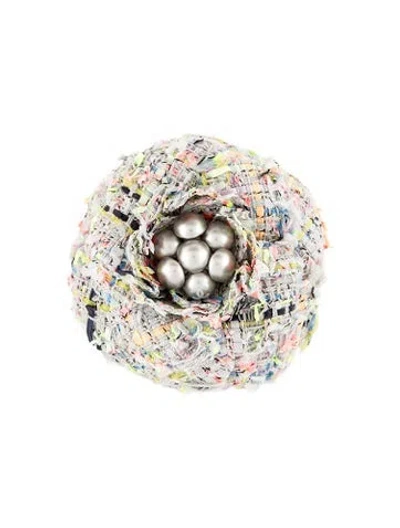 Pre-owned Chanel Faux Pearl & Tweed Cc Camellia Brooch In Multi
