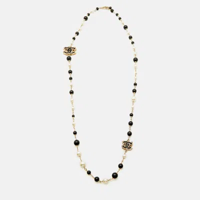 Pre-owned Chanel Faux Pearl Black Beads Gold Tone Cc Baroque Station Necklace In Multicolor