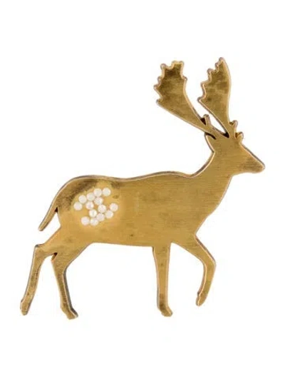 Pre-owned Chanel Faux Pearl Cc Deer Brooch In Multi