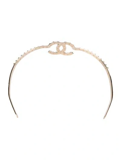 Pre-owned Chanel Faux Pearl Cc Headband In Gold