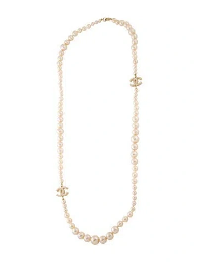 Pre-owned Chanel Faux Pearl Cc Station Strand Necklace, 35.5" In White