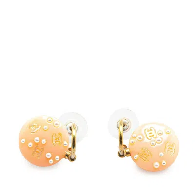 Pre-owned Chanel Faux Pearl Coco Mark Swing Plastic Earrings 03p In Pink