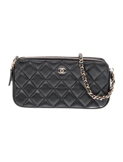 Pre-owned Chanel Faux Pearl Double Zip Clutch W/ Chain In Blue