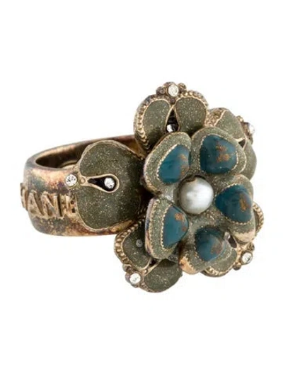 Pre-owned Chanel Faux Pearl, Enamel & Strass Camellia Cocktail Ring In Multi