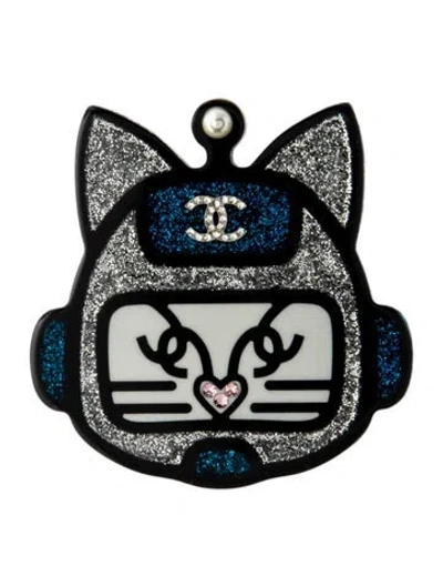 Pre-owned Chanel Faux Pearl, Glitter, Strass & Resin Cat Brooch In Black/blue/clear