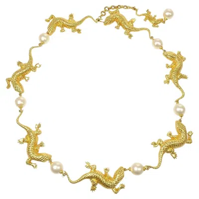 Pre-owned Chanel Faux Pearl Gold Metal Reptile Charm Chain Link Waist Belt