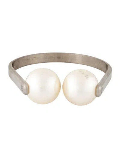 Pre-owned Chanel Faux Pearl Hinged Choker Necklace, 16" In Multicolor