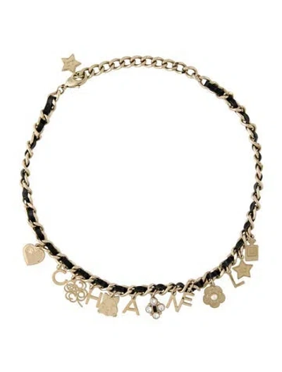 Pre-owned Chanel Faux Pearl, Leather & Strass Logo Choker, 19" In Multi
