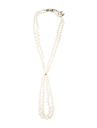 Pre-owned Chanel Faux Pearl 'paris-dallas' Beaded Double Strand Necklace, 26" In White
