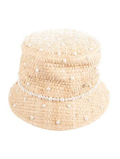 Pre-owned Chanel Faux Pearl Raffia Bucket Hat In Neutrals