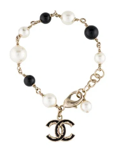 Pre-owned Chanel Faux Pearl, Resin & Enamel Cc Station Bracelet, 6.5" In Multi