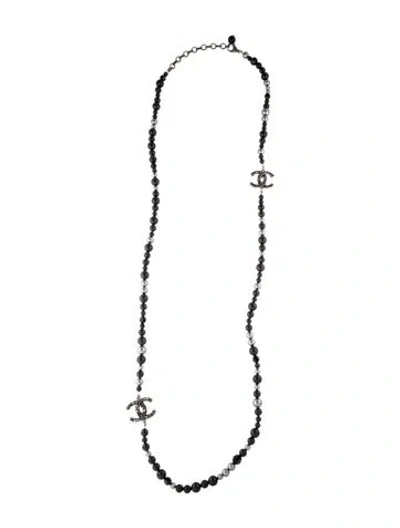 Pre-owned Chanel Faux Pearl, Strass & Bead Cc Flower Station Necklace, 23.5" In Black