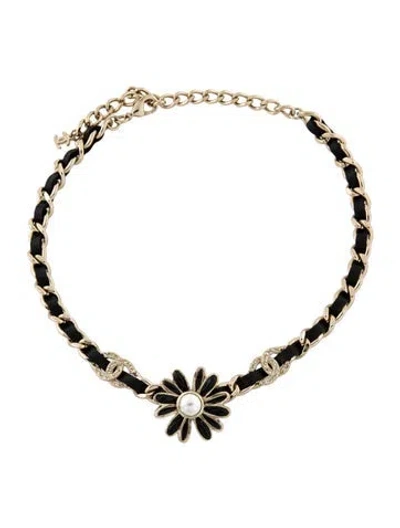 Pre-owned Chanel Faux Pearl, Strass & Leather Flower Choker Necklace, 17" In Multi