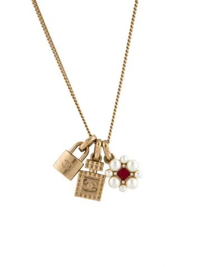 Pre-owned Chanel Faux Pearl, Strass & Resin Cc Charm Pendant Necklace, 26" In Multi
