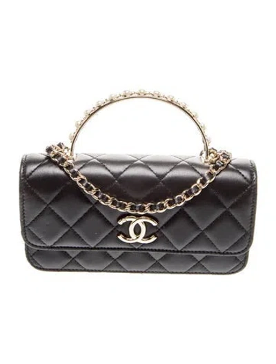 Pre-owned Chanel Faux Pearl Top Handle Wallet On Chain In Black