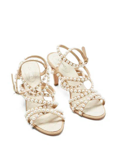 Pre-owned Chanel Faux-pearl Strappy Heeled Sandals In Neutrals