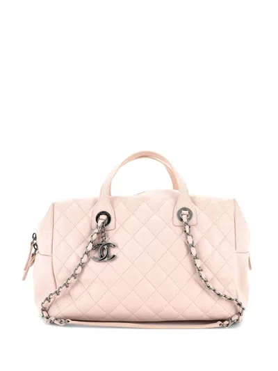 Pre-owned Chanel Feather Weight Bowling Bag Quilted Lambskin Medium Handbag In Pink