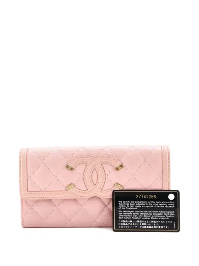 Pre-owned Chanel Filigree Flap Wallet Quilted Caviar Long Wallets In Pink
