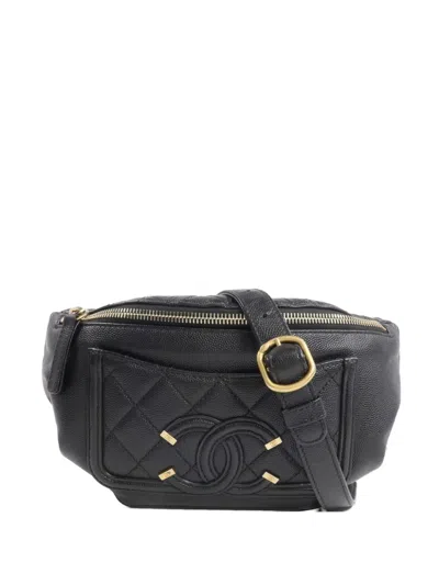 Pre-owned Chanel Filigree Leather Belt Bag In Black