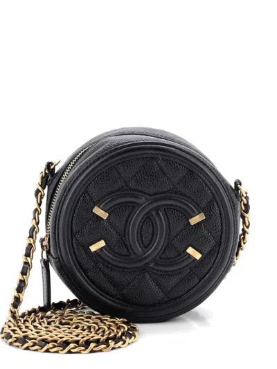Pre-owned Chanel Filigree Round Clutch With Chain Quilted Caviar Mini Crossbody Bag In Black