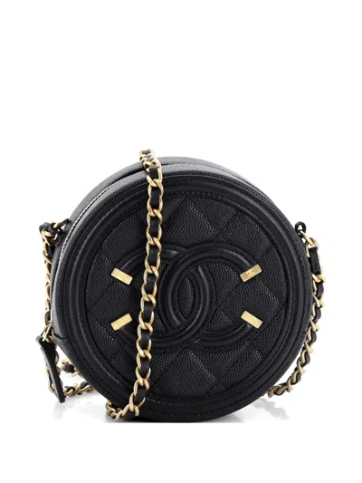 Pre-owned Chanel Filigree Round Clutch With Chain Quilted Caviar Mini Crossbody Bag In Black