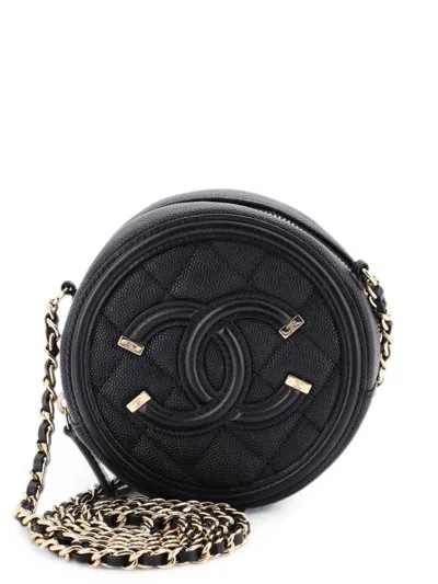 Pre-owned Chanel Filigree Round Clutch With Chain Quilted Caviar Mini Crossbody Bag In Black