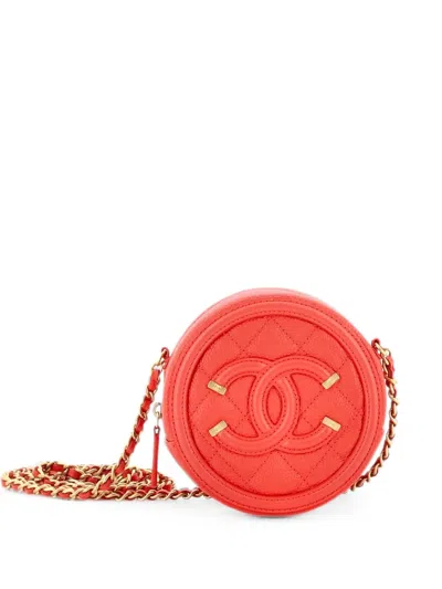 Pre-owned Chanel Filigree Round Clutch With Chain Quilted Caviar Mini Crossbody Bag In Red