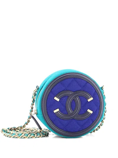 Pre-owned Chanel Filigree Round Clutch With Chain Quilted Jersey With Lambskin Mini Crossbody Bag In Blue