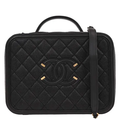 Pre-owned Chanel Filigree Vanity Case Quilted Caviar Black Leather Clutche & Pouche Bag ()