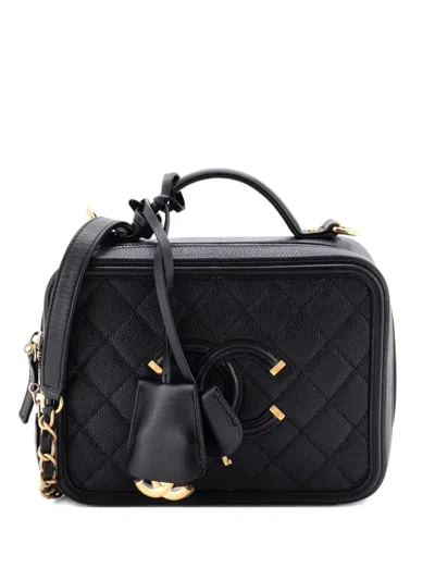 Pre-owned Chanel Filigree Vanity Case Quilted Caviar Medium Satchel In Black