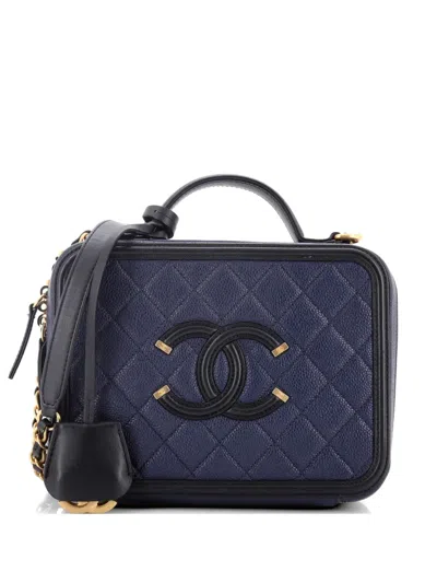 Pre-owned Chanel Filigree Vanity Case Quilted Caviar Medium Satchel In Black