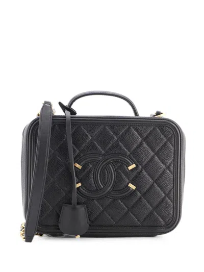 Pre-owned Chanel Filigree Vanity Case Quilted Caviar Medium Satchel In Black
