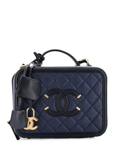 Pre-owned Chanel Filigree Vanity Case Quilted Caviar Medium Satchel In Black