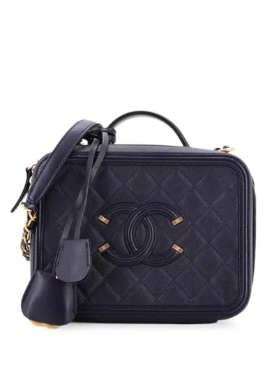 Pre-owned Chanel Filigree Vanity Case Quilted Caviar Medium Satchel In Blue