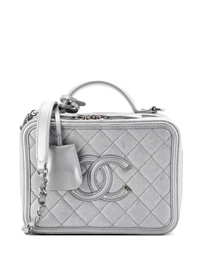 Pre-owned Chanel Filigree Vanity Case Quilted Caviar Medium Satchel In Gray