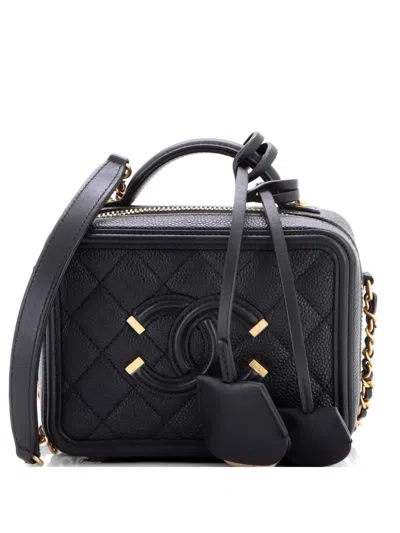 Pre-owned Chanel Filigree Vanity Case Quilted Caviar Small Satchel In Black