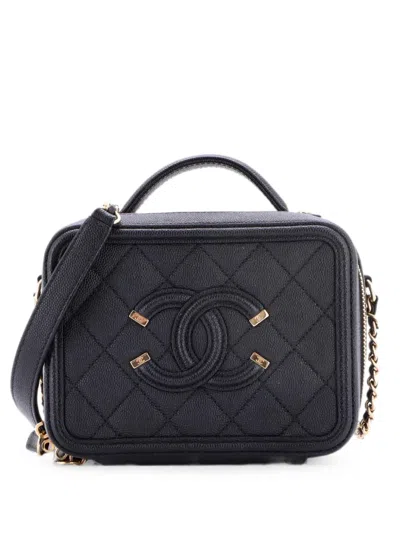 Pre-owned Chanel Filigree Vanity Case Quilted Caviar Small Satchel In Black
