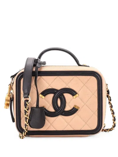 Pre-owned Chanel Filigree Vanity Case Quilted Caviar Small Satchel In Black
