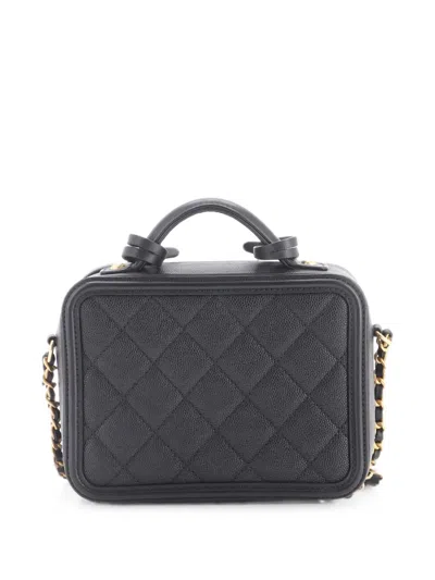 Pre-owned Chanel Filigree Vanity Case Quilted Caviar Small Satchel In Black